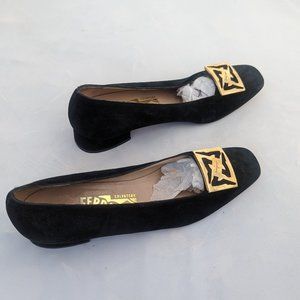 Salvatore Ferragamo Black Suede Gold Buckle Pumps Heels Sz 9